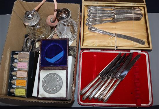 Two cased sets of six silver-handled butter knives and sundries,